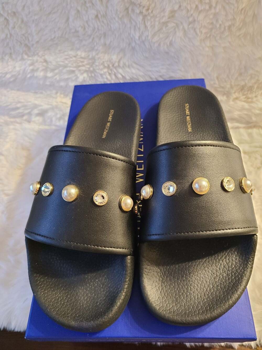 Stuart Weitzman Black Pearl and Rhinestone Sandals, Size 10, Box Included